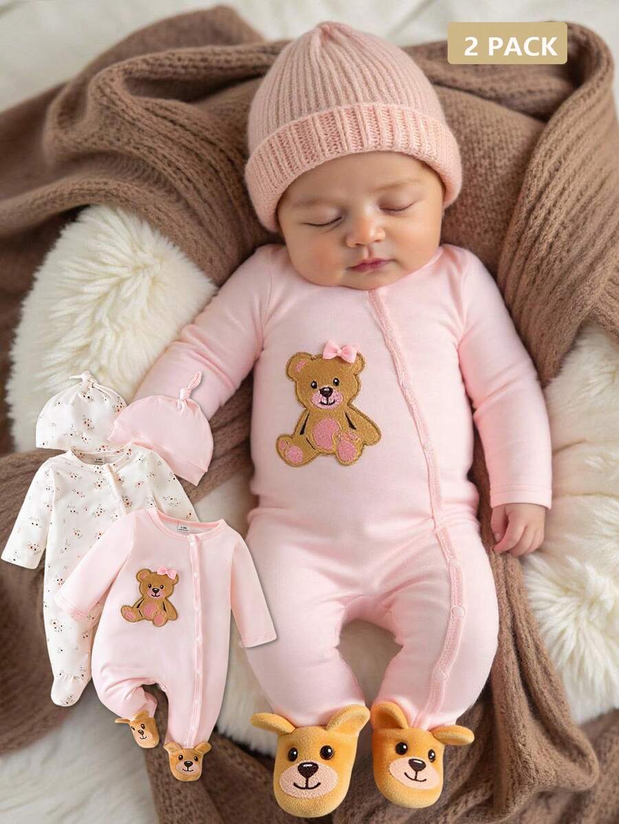 SHEIN مجموعة بدلة وقبعة للأطفال حديثي الولادة من الفتيات، 2 قطعة، بأكمام طويلة، بطبعة دب كرتوني مطرزة وزخرفة فيونكة، بدلة بطبعة زهور متناثرة، مناسبة للربيع والصيف والخريف والشتاء، للحياة اليومية والمناسبات العادية - متعدد الألوان - مشاهدة 1