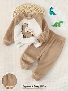 Cozy Pixies 2件套男婴卡通动物刺绣保暖内衬圆领长袖卫衣和松紧腰裤套装，棕色恐龙摩卡色婴儿服装休闲套装 - 卡其色 - 查看 3