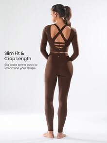 GLOWMODE FeatherFit™ Criss Cross Backless Cropped Sports Long Sleeve Tee Low Impact Yoga Pilates Daily - 巧克力棕 - 查看 3
