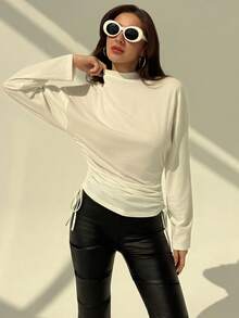 Aloruh 女士秋冬新款圆领宽松大码落肩舒适长袖抽绳下摆修身打底T恤 - 米色 - 查看 2