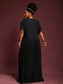 Veslaya Bộ đồ liền thân ống rộng tay ngắn cổ chữ V màu sô cô la thanh lịch mới 2025, cỡ lớn dành cho nữ, mùa hè - màu đen - Xem 2