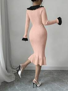 Elenzga Women's Elegant Contrast Color Ruffle Collar Flare Sleeve Fitted Hem Sweater Dress, Autumn/Winter - Pink - View 2