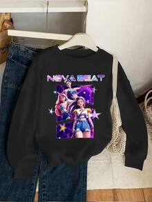 1pc Tween Girl K-Pop Cyberpunk Style Colorful Star Slogan Print Casual Comfortable Crew Neck Long Sleeve Sweatshirt, Suitable For Teenage Girls In Autumn/Winter - Black - View 1
