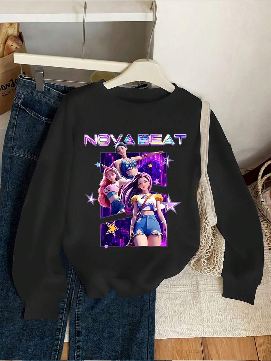 1pc Tween Girl K-Pop Cyberpunk Style Colorful Star Slogan Print Casual Comfortable Crew Neck Long Sleeve Sweatshirt, Suitable For Teenage Girls In Autumn/Winter - Black - View 1