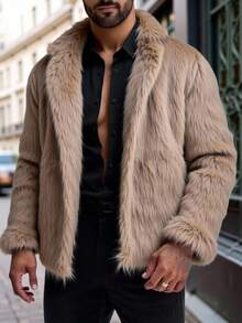 Manfinity VCAY Chaqueta casual de manga larga con pelaje sintético para hombre, abrigo de piel sintética esponjoso para hombre en otoño/invierno, abrigo de piel sintética esponjoso y mullido para hombre - Marrón Chocolate - Ver 7
