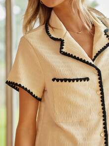 Contrast Binding Button Front Top & Pants Lounge Set Outfit - Beige - View 6