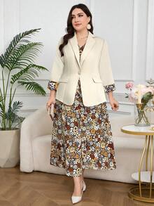 Modelyn 秋冬大码碎花拼布西装外套和连衣裙套装 - 棕色 - 查看 6