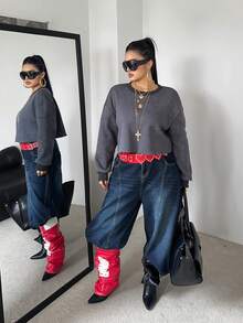 POPSWAY Damen Große Größen Rundhals Dropped Shoulder Langarm Thermofutter Lässiger Loose Pullover, Herbst/Winter