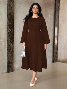 Roveilla Váy dài tay màu trơn cổ điển tối giản, bảo thủ, cỡ lớn dành cho nữ, mùa thu/đông - Màu nâu  Mocha - Xem 4