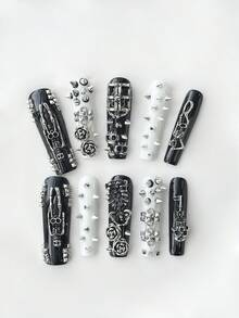 ROMWE Kawaii 10 Pieces Of Punk Style Hand-Worn Press-On Nails + 3 Pieces Of Nail Double-Sided Tape, With Metal Skull Decorative Fake Nail Pieces, High-Quality Rivet Color Matching Super Long Coffin-Type Nail Art, Reusable Nail Pieces In All Seasons, Suitable For Daily, Party, Dance Wear - Multicolor - View 4