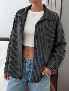 Livesso Camisa casual de mujer a rayas con parche de piel sintética PU, chaqueta de manga larga de mezcla de lana de corte holgado, adecuada para uso en la oficina en otoño e invierno - Gris Oscuro - Ver 6