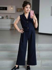 Sparklyn Tween 女孩优雅都市通勤蓝白条纹西装背心和裤子两件套，优雅适合婚礼、婚礼宾客