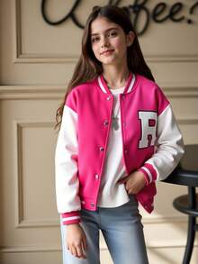 SHEIN 青少年女孩休闲日常撞色字母植绒纽扣棒球夹克