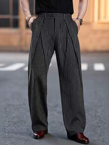 Manfinity Homme 男士宽松条纹阔腿裤，休闲时尚百搭长裤，细条纹西裤，男士褶裥西装裤，男士宽松西装裤 - 黑色 - 查看 3