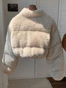 Comfortcana 女式纯色长袖人造毛皮短款面包夹克，冬季外套 - 杏色 - 查看 2