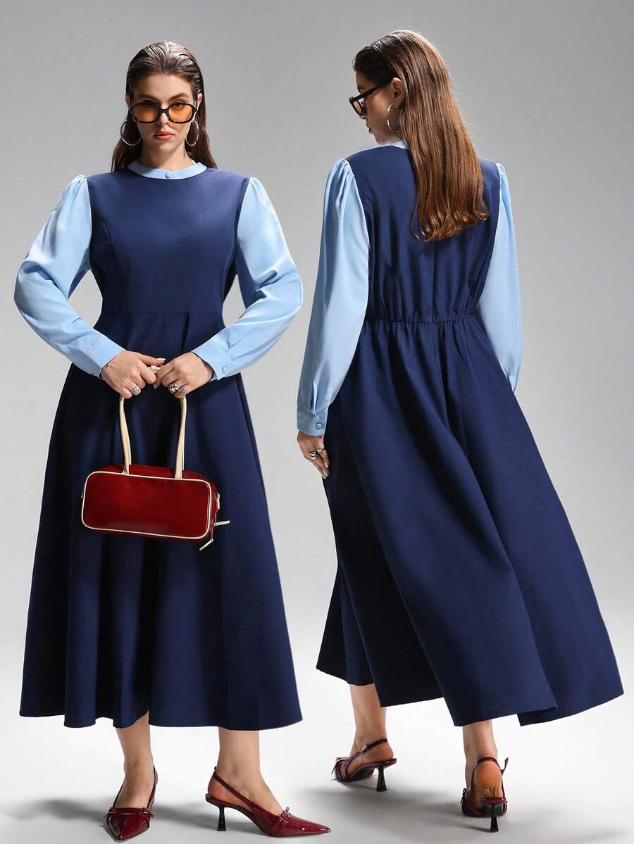 LYSMO Plus Size 2 In 1 Contrast Color A-Line Long Casual Dress Dress Modest Blue Elegant Dress Women - Blue - View 1