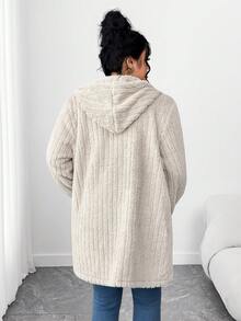 Elenzga 大码欧美厚毛绒条纹长袖外套，秋冬 - 杏色 - 查看 2