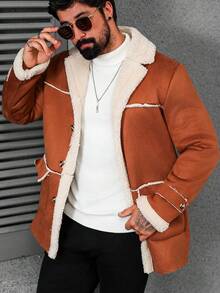 Manfinity Homme Men's Solid Color Double Breasted Casual Jacket, Fall/Winter, Mix And Match Fall Men Clothes, Winter Men Khaki Coat, Fleece Warm Coat Men Long Coat Men Shearling Coat Men Outerwear Earthy Coat Men Burnt Orange Coat Men - Brown - View 6