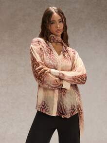 Glamine Blusa de manga larga suelta y delgada con decoración de flores 3D y estampado de leopardo para mujer, otoño - Multicolor - Ver 1
