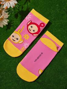 Teletubbies X SHEIN 4双柔软透气吸湿排汗休闲女士短袜，卡通图案可爱，时尚绿色、紫色和粉色短袜，加固脚趾和脚跟，经久耐用，适合所有季节，适合夏季和冬季 - 彩色 - 查看 7