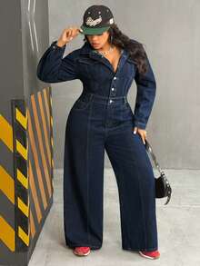 Slaydiva Mono vaquero azul de talla grande con ajuste elástico, estilo vaquero para otoño - Azul lavado oscuro - Ver 3