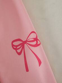 Tween Girl Casual Cute Knitted Thermal Lined Hooded Zip-Up Front Gathered Sleeve Bow Graphic Print Pullover Jacket, Versatile Outerwear