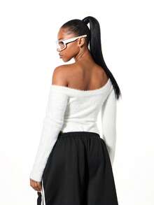 SUMWON WOMEN Fluffy Knit Scoop Neck Long Sleeve Bodysuit Fall Winter Cozy Sweater Top