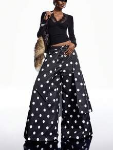 LYSMO 女士波尔卡圆点印花宽松阔腿复古时尚裤 - 黑與白 - 查看 8