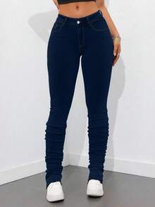 Jeanoix Spring Plus Size Women High Waist Skinny Personalized Fashion Jeans - Dark Wash - View 3