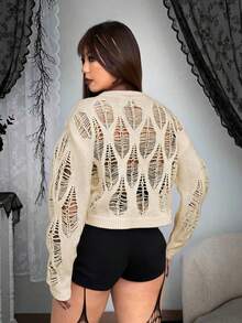 Whyspr 大码秋冬新款时尚创意几何镂空图案针织圆领长袖短款毛衣，修身显瘦休闲舒适简约设计女式针织上衣 - 杏色 - 查看 2