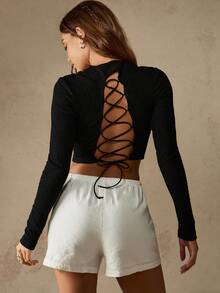 MISSGUIDED Long Sleeve Crop Top With Back Lace Up Design Textured Stretchy Fabric Club Night Out Party Fashion Corset Style Fall Winter Holiday Wear - Black - View 1