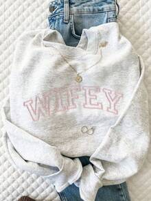 INAWLY Fall Vintage Contrast Slogan Embroidered Crew Neck Contrast Pattern Sweatshirt, Wife's Gift - Light Grey - View 3