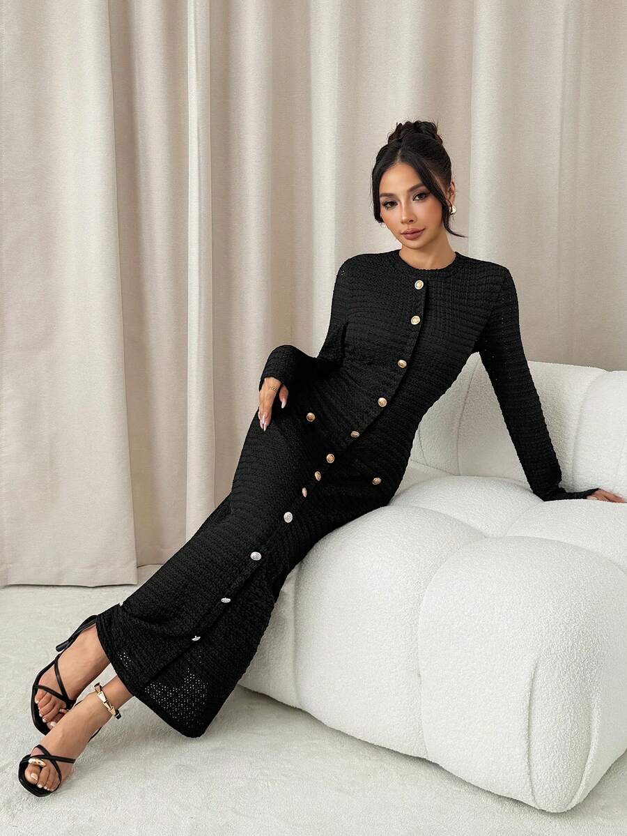 SHEIN PETITE Black Textured Fabric Button Decor Back Slit Long Sleeve Elegant Long Dress For Women,For Summer Vacation,Women Summer Clothing ,Petite Women - Black - View 1