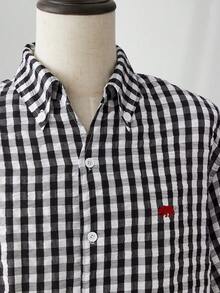 ESTAVOR Áo sơ mi nam ca rô đen trắng thời trang tay ngắn dáng rộng thêu họa tiết thường ngày - Đen và trắng - Xem 5