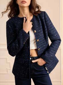 Lilora Women's Elegant Commuter Sequin Tweed Jacket For New Year - Blue - View 3