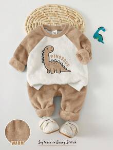 Cozy Pixies 2件套男婴卡通动物刺绣保暖内衬圆领长袖卫衣和松紧腰裤套装，棕色恐龙摩卡色婴儿服装休闲套装 - 卡其色 - 查看 1