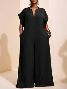 Veslaya Bộ đồ liền thân ống rộng tay ngắn cổ chữ V màu sô cô la thanh lịch mới 2025, cỡ lớn dành cho nữ, mùa hè - màu đen - Xem 12