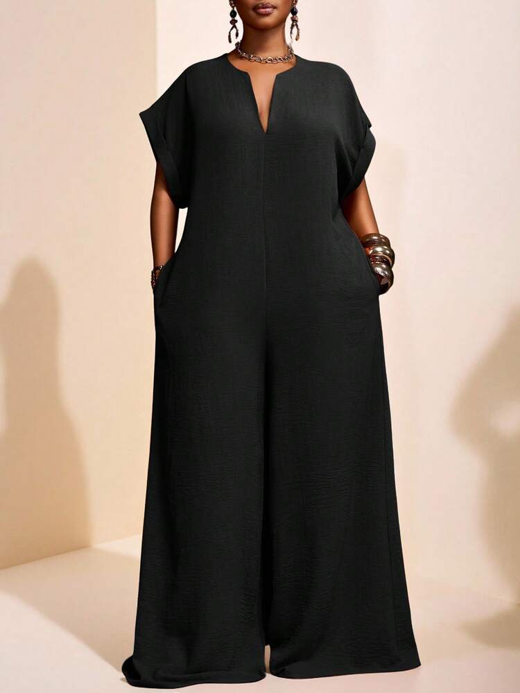 Veslaya 2025 New Vintage Elegant Chocolate V-Neck Short Sleeve Wide Leg Jumpsuit, Plus Size Women, Summer - Black - View 12