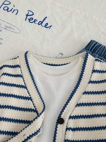 Genkimix Kids 2 件套幼儿女童秋季新款服装，条纹毛绒针织黑白超大开衫夹克，休闲直筒蓝色牛仔裤，时尚简约儿童套装 - 彩色 - 查看 3