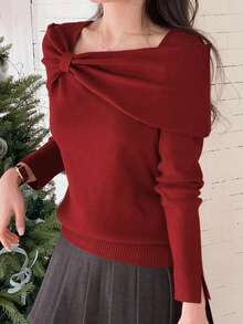 DAZY Áo len trễ vai màu đỏ dành cho nữ, thiết kế tinh tế, thanh lịch, giảm tuổi tác, làm thon gọn, áo thu/đông - Màu Đỏ Sâu - Xem 7