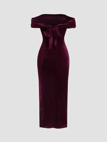 Sweetra 1 chiếc váy dài ôm sát vai bằng nhung trơn màu trơn hở vai cho tiệc tùng năm mới màu đỏ tía dành cho nữ - Màu Đỏ Sâu - Xem 2