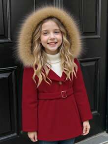 SHEIN Elladie kids Cappotto invernale da ragazza con colletto in pelliccia, autunno/inverno - Rosso - Visualizzare 7