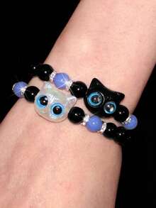 Y2Kool 2pcs Cute Big Eyes Cat Luminous Bracelet, Suitable Gift For Couples, Friends - Black and White - View 2