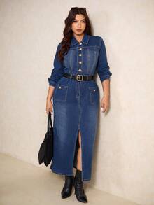 Elaquor Plus-Size Dark Blue Denim Dress, Classic Long-Sleeved Shirt Dress, French Elegance, Gold Metal Buckle Embellishment, Autumn/Winter Women's Clothing.