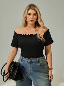 Auralis Plus Size Women's Fashionable Elegant Off Shoulder Frill Trim T-Shirt - Black - View 7