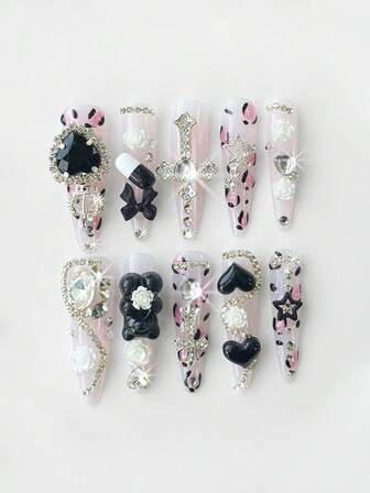 Anime 10 pezzi di unghie finte stile carino con elementi di stampa leopardata, fiocco rosa, orsetto e stella, più 3 pezzi di nastro biadesivo, unghie a forma di mandorla lunghe e rimovibili, stile occhio di gatto Y2K, riutilizzabili, adatte per feste di stagione, balli e uso quotidiano.