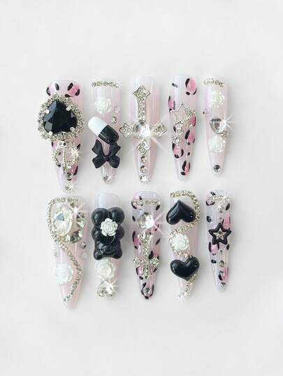 Anime 10 Stücke süßer Leoparden-Muster Rosen Schleife Bär Stern Element handgemachte Fake Nägel + 3 Stücke doppelseitiges Klebeband, Y2K Katzenaugen abnehmbar und wiederverwendbar in mandelförmiger Länge, geeignet für Festivitäten in allen Jahreszeiten, Abschlussbälle und den täglichen Gebrauch.