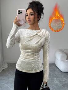 Selianne بلوزة أنيقة للاستخدام اليومي، ذات رقبة مستديرة لامعة، مزينة بفيونكة على الكتف، بأكمام طويلة وخصر ضيق، مناسبة للخريف والشتاء - لون مشمشي - مشاهدة 7