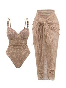 Swim Oasis 2pcs/Set Summer Vacation Sexy Underwire Backless Spaghetti Strap Women One-Piece Swimsuit & Sarong Maxi Skirt Two Pieces Set Crochet Two Pieces Set Brown Two Pieces Set Women Two Pieces Set Women Bikini Cover Up Set Brown Formal Skirt Brown Wedding Guest Skirt Rose Gold Skirt Women Earth Tone Skirt Bronze Skirt