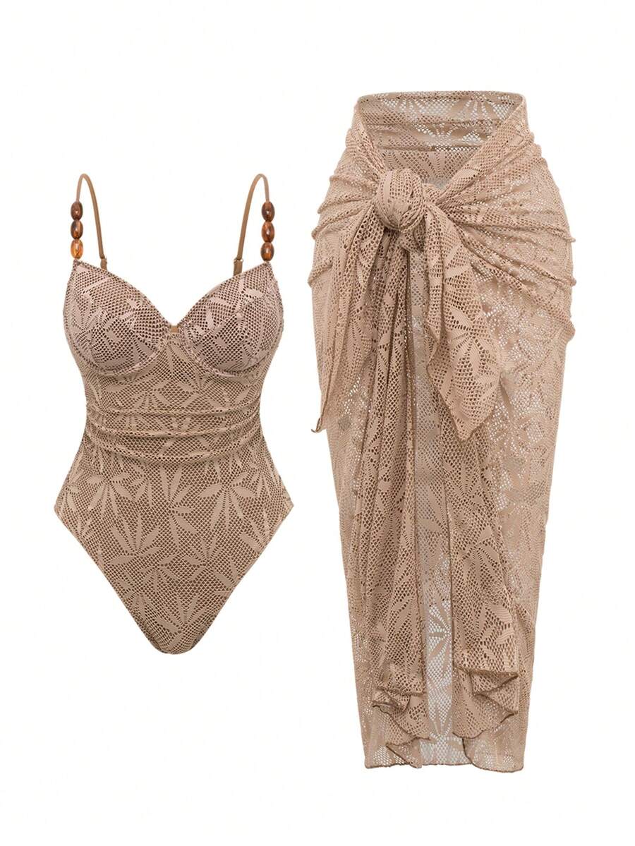 Swim Oasis 2pcs/Set Summer Vacation Sexy Underwire Backless Spaghetti Strap Women One-Piece Swimsuit & Sarong Maxi Skirt Two Pieces Set Crochet Two Pieces Set Brown Two Pieces Set Women Two Pieces Set Women Bikini Cover Up Set Brown Formal Skirt Brown Wedding Guest Skirt Rose Gold Skirt Women Earth Tone Skirt Bronze Skirt